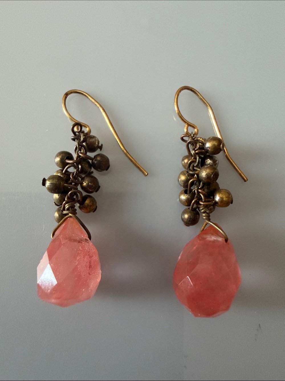 Vintage 14K gold filled drop dangle earrings with teardrop pink gemstones